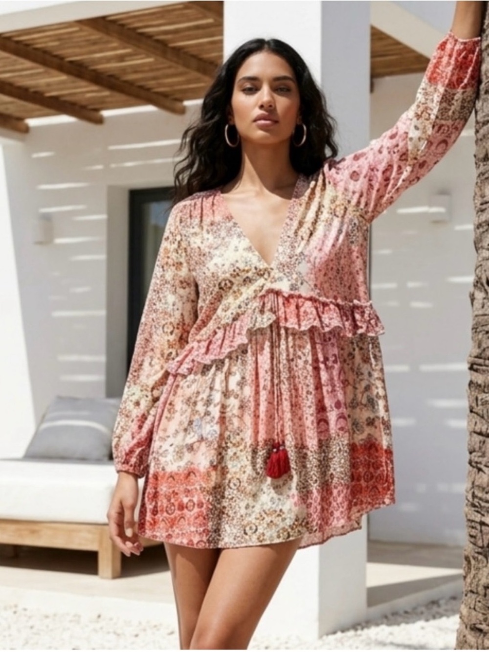 Zara Pink Cream Mixed-Print Boho Tiered Tunic Dress